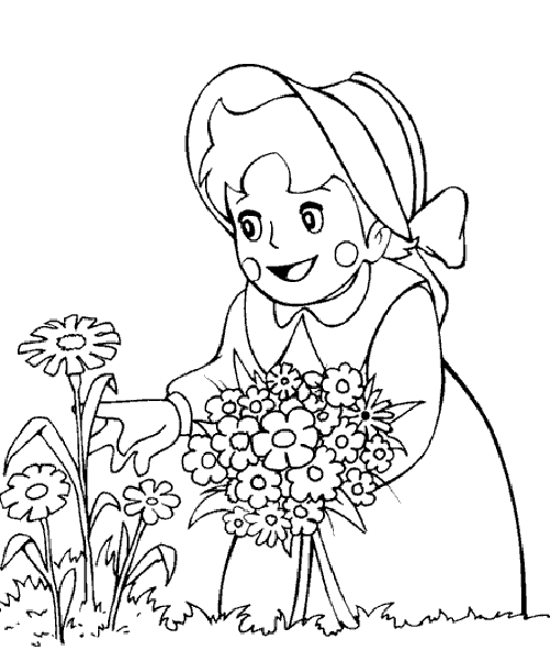 coloriage heidi ramasse des fleurs